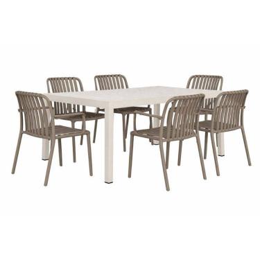 Imagem de Kit 1 Mesa Creta 140x72cm e 6 Cadeira Tulum em Polipropileno Nude/ Cinza