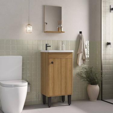 Imagem de Armario Conjunto de Banheiro com Gabinete, Cuba e Espelheira 1 Porta Marselha 45 Cm Lamina Mel Lamina Mel