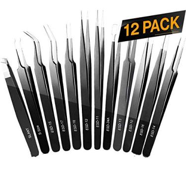 Imagem de Pinças, conjunto de pinças de precisão, pinças artesanais, pinças de solda, pinças de joias, pinças encravadas, pinças de extensão de cílios, pinças de sobrancelha – conjunto de 12 unidades com estojo prático