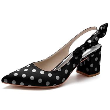 Imagem de Sapatos de noiva de cetim feminino bico fino marfim salto alto salto grosso sapatos sociais 35-43,Black,6 UK/39 EU