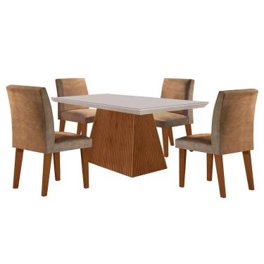 Imagem de conjunto de mesa de jantar retangular com tampo de vidro off white luna e 4 cadeiras grécia suede animalle chocolate e imbuia