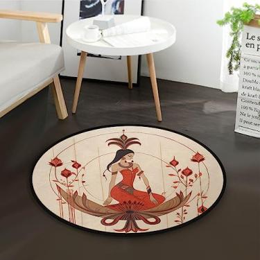 Imagem de Tapete circular Totem indiano feminino estilo étnico vermelho ciano amarelo antiderrapante tapete redondo tapete circular tapetes de área lavável tapetes para entrada 9,5 x 9,5 cm