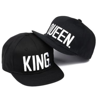 Imagem de BAOZOON 2 peças de chapéus King Queen combinando snapback hip hop boné bordado para casais bonés de beisebol ajustável boné plano unissex, Preto, Tamanho Único