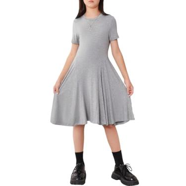 Imagem de OYOANGLE Vestido feminino plissado plissado evasê manga curta gola redonda verão camiseta vestidos, Cinza, 9 Anos