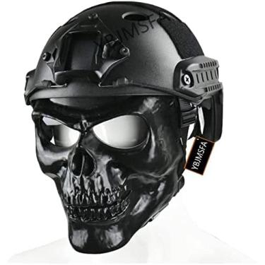 Imagem de Capacete PJ de pistola de ar tático e máscara de caveira de proteção facial completa, adequado para jogo CS de paintball de airsoft, BK, adequado para circunferência da cabeça 56-61cm 421Sen