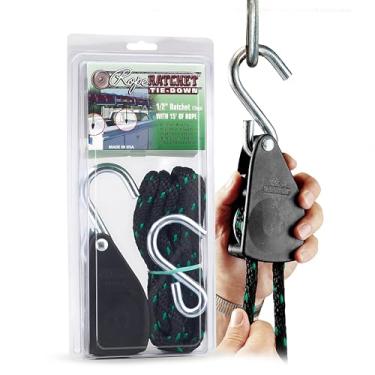 Imagem de Rope Ratchet Guincho resistente de 1/5.1 cm com polia de bloqueio, gancho ajustável para luzes de cultivo, copas, caiaques, corda trançada de polipropileno de 38 cm, capacidade de 226 kg, ideal para