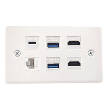 Imagem de Halokny Placa de parede HDMI USB3.0 CAT tipo C, placa de parede com 6 portas, 2 entradas HDMI Keystone + 2 USB 3.0 + 1 x tipo C + 1 x conector Keystone CAT6 RJ45, para placa de parede, branca