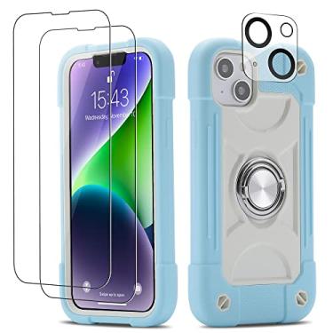 Imagem de Cookiver Capa para iPhone 14 Plus de 6,7 polegadas com suporte de anel, com 2 pacotes de película de vidro + 1 pacote de protetor de lente de câmera, capa resistente à prova de choque de grau militar (azul gelo)