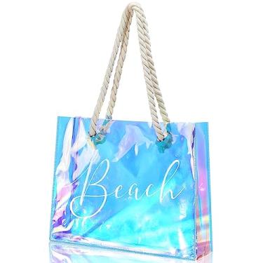 Imagem de Sweetude Bolsa de praia transparente de plástico PVC grande feminina impermeável bolsa de estádio para meninas verão festa na piscina, Holográfico, approx. 15 x 11.8 x 4 inches