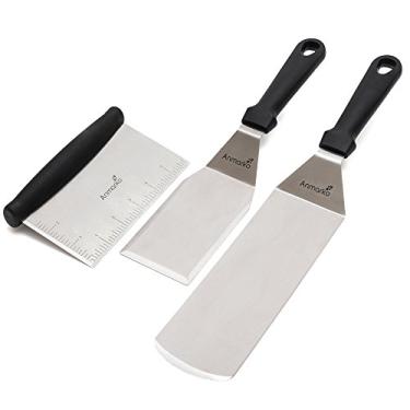 Imagem de Espátula de metal de aço inoxidável e raspador - Conjunto de 3 espátulas de chapa de chef profissional - Acessórios resistentes, ótimos para churrasqueira de ferro fundido, frigideira, frigideira de