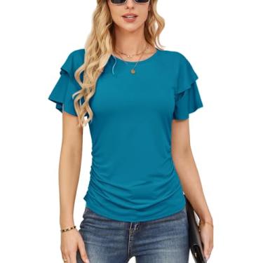 Imagem de GRACE KARIN Camisetas femininas básicas de verão 2024 manga com babados elegantes blusas casuais de trabalho franzidas, Azul pavão, GG