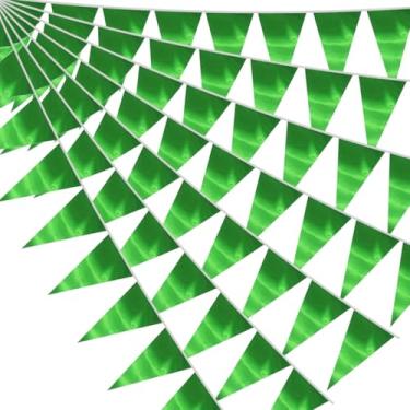 Imagem de Bandeira de flâmula de triângulo verde de 20 m/65 pés bandeira de tecido metálico guirlanda para Natal, formatura, safári, aniversário, selvas tropicais, casamento, despedida de solteira, artigos de