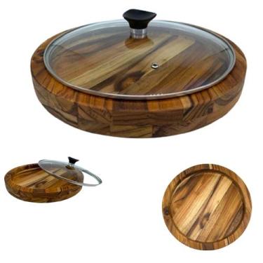 Imagem de Gamela De Madeira Churrasco Redonda Com Tampa De Vidro 33cm - Le Reque
