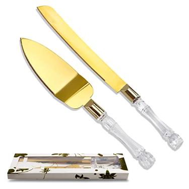 Imagem de Conjunto de 2 peças de faca e servidor de bolo de casamento, conjunto de corte de bolo para casamento com alças de cristal falso e lâminas de aço inoxidável 410 premium para bolo de casamento,