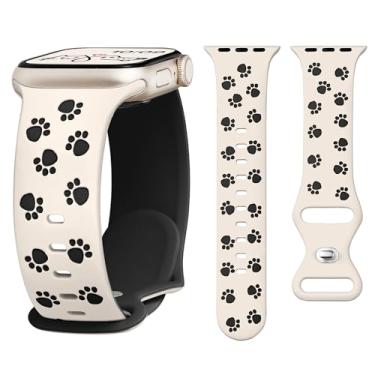 Imagem de G-ficu Pulseira de silicone compatível com Apple Watch feminina de 46 mm, 45 mm, 44 mm, 49 42 mm (S3) para Apple Watch SE séries 10, 9, 8, 7, 6, 5, 4 e 3, com gravação elegante de cachorro e gato e