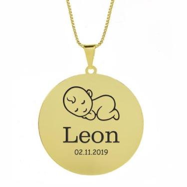 Imagem de Gargantilha Pingente Redondo Personalizado Nome Leon Banhado Ouro 18K 