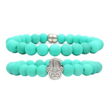 Imagem de Kit C/02 Pulseiras de Bolinha Masculina Mão De Hamsá Verde Água - GRAN