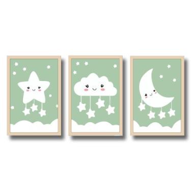 Imagem de Quadro Decorativo Quarto Bebê Nuvem Lua Estrelinha Verde Personalizado