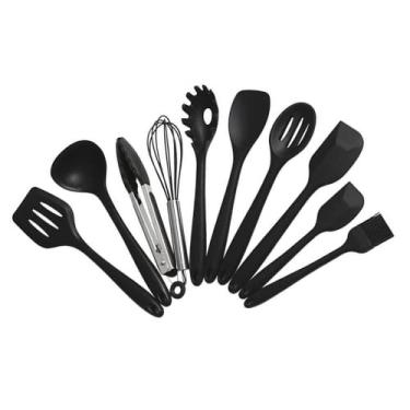 Imagem de Elonglin Kit de Utensílios de Cozinha Espátulas de Silicone para Panela Antiaderente 10 Peças Preto