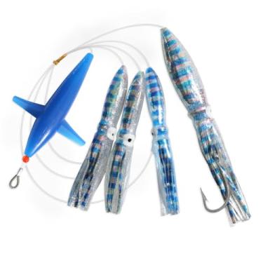 Imagem de OCEAN CAT Iscas de pesca de água salgada, bolsa macia para pesca com anzol 8/0 para Mahi Mahi Marlin Tuna Wahoo (#028-azul, 12,7 cm + 15,2 cm + 23 cm)