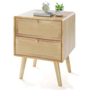 Imagem de MVPSONAG Mesa de cabeceira de vime, mesa de cabeceira de borracha sólida com 2 gavetas, mesa de cabeceira boho, mesas de cabeceira para quartos, mesas laterais para casa, carvalho natural