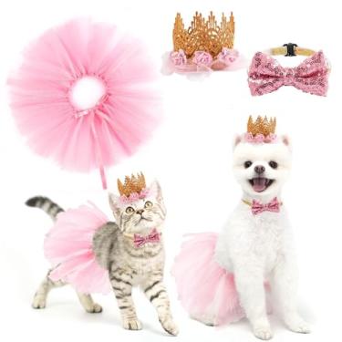 Imagem de BINGPET vestido de casamento para cachorro Valentine Menina – suprimentos para festa de aniversário para filhotes – saia tutu fofa gravata borboleta e chapéu coroa, presente rosa para cães pequenos Gato