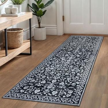 Imagem de SILOLOOM Tapete vintage lavável 5 x 15 cm, preto azul-marinho para corredores, tapete de corredor de cozinha macio antiderrapante, tapete boho floral estampado baixo para entrada interna, lavanderia,