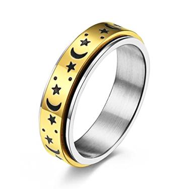 Imagem de MOROYA Anel antiansiedade banhado a ouro 14K para mulheres e homens, sol, estrela, lua, aço inoxidável, anel giratório de ouro, com caixa preta embalada, Aço inoxidável, ouro, prata dourada, aço