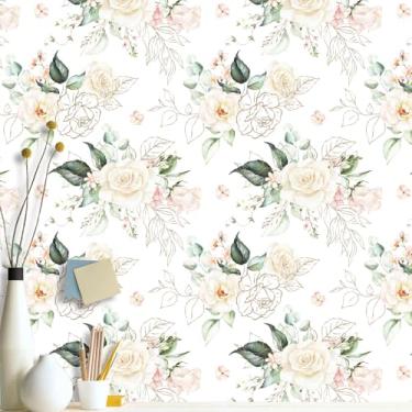 Imagem de MIAHOME Papel de parede autoadesivo floral peônia moderna papel de contato para armários boho flor impermeável removível casa de boneca papel de parede dourado rosa decorativo grosso 45 cm x 1,000 cm