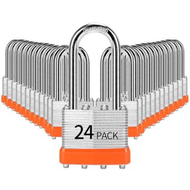 Imagem de HZSY Cadeado com chave de aço laminado (40 mm), fechaduras com chave, embalado com 24 cadeados longos, aros de plástico laranja, para caixa de ferramentas, armário e unidade de armazenamento ou mais