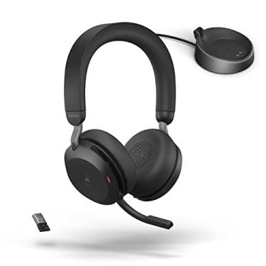 Imagem de Jabra Fone de ouvido Evolve2 75 sem fio PC com base de carregamento e tecnologia de 8 microfone - Fones de ouvido estéreo de espuma dupla com cancelamento de ruído ativo avançado, adaptador Bluetooth USB-A e compatibilidade MS - Preto