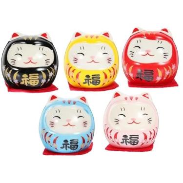 Imagem de Conjunto de 5 peças, bonecas Da Mo de 5 cm, estatueta de cerâmica japonesa Dharma, mini estatuetas de bolo, estátua Fortuna Maneki Neko decoração de boa riqueza, estátua colecionável, decoração de