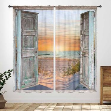 Imagem de Cortinas de praia azuis, porta de celeiro rústica, oceano, litoral, paisagem costeira, prancha, madeira, cenário, rural, verão, cortinas, tratamentos para quarto, sala de estar, banheiro, conjuntos de