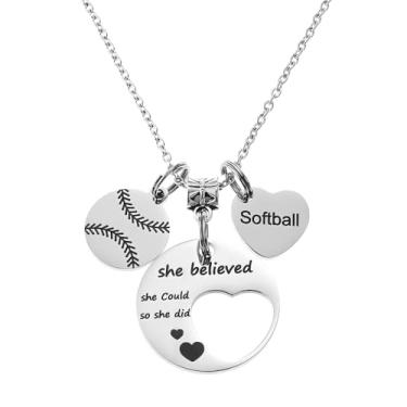 Imagem de YIQPKUM Lindo colar de softbol inspirador corrente de aço inoxidável pingente esportivo joia para mulheres jogadoras treinadoras coração pingente acessórios presentes, Medium, Base de metal, Sem Pedra