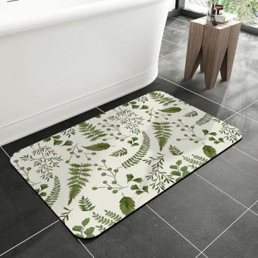 Imagem de jajoaier Tapete de banheiro de folhas verdes, tapetes de banho macios e antiderrapantes, tapete lavável à máquina de secagem rápida para chuveiro, banheira, acessórios de cozinha e banheiro, 40 x 60