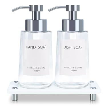 Imagem de Uibyriy Conjunto De Dispensador Sabonete Vidro 16 Oz Com Bombas Aço Inoxidável E Bandeja Secagem, Branco, Acabamento Moderno, Inclui X2, Pia Pedra, Etiquetas À Prova D'Água X6