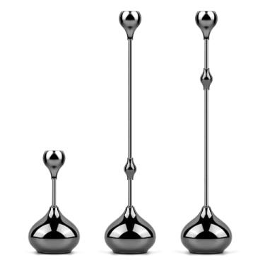 Imagem de Conjunto de 3 castiçais pretos cônicos, castiçais modernos de lágrima de ferro para decoração de casa, mesa de metal, centro de mesa, suporte de vela alto para mãe, esposa, avó