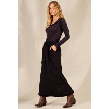 Imagem de Saia Midi De Linho Com Fendas Preta Yacamim G2-Feminino