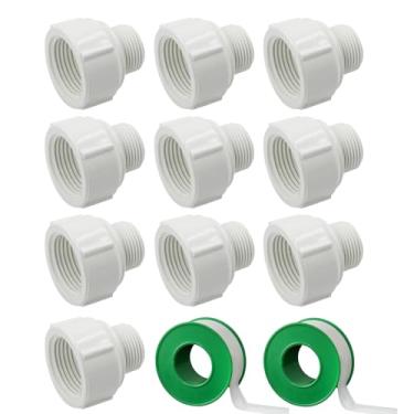 Imagem de Pacote com 10, 1/2 macho para 3/4 fêmea, adaptador redutor de mangueira de jardim, parafuso de acoplamento, acessórios para tubos de aspersão com fita de vedação de rosca, rosca BSPT branca
