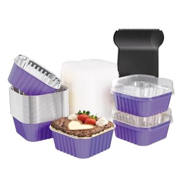 Imagem de Ksmxos Pacote com 25 mini formas de bolo quadradas com tampas, mini formas de pão com tampas, copos de folha de alumínio, copos descartáveis de cupcake, copos de sobremesa para piqueniques de festa de