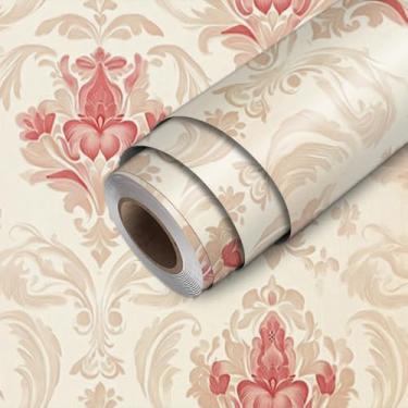 Imagem de HOMETITUTE Papel de parede descasque e cole bege e vermelho europeu vintage damasco papel de parede bastão de papel de parede 45 cm x 300 cm revestimento de parede de vinil removível autoadesivo