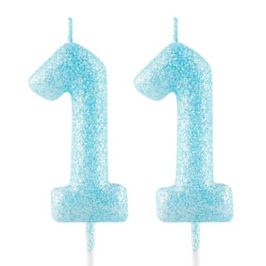 Imagem de Vela de aniversário de 11 anos, brilhante, azul, número 11, velas luminosas, enfeite de bolo, decoração de feliz aniversário, para meninas, meninos, mulheres, comemorações, artigos de festa