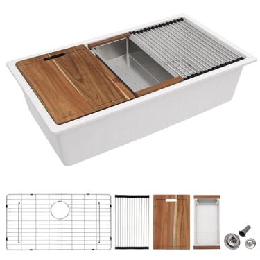 Imagem de Pia de cozinha composta de granito 28 - Fulorni 71 cm x 48 cm de granito para pia de cozinha, estação de trabalho, base de quartzo branco, clássico, embaixo do balcão, bacia de pia única