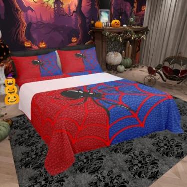 Imagem de Jogo de cama casal com teia de aranha vermelha, aracnídeo, aracnídeo, animal, decoração de quarto de meninos, meninas, mulheres, homens, gótico, Halloween, TrippyNoble, 4 peças (elástico + plano + 2