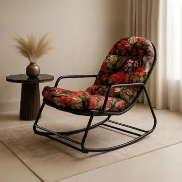 Imagem de Cadeira Sossego Poltrona de Balanço e Descanso para Área Externa Coberta Estrutura de Metal Preta Almofada Acolchoada (Floral)