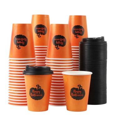 Imagem de Tamone PACOTE COM 100 Xícaras de Café Descartáveis de 340 g com Tampas, Copos de Café To Go com Tampas à Prova de Vazamento, Copos de Papel Laranja para Café Frio/Quente Bebida Chocolate Cacau para