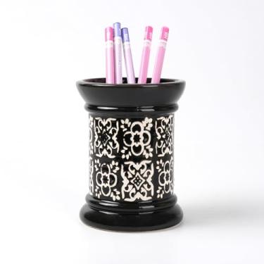 Imagem de Zaposcca Suporte de lápis impresso, lindo suporte de caneta para mesa, suporte de lápis cilíndrico esculpido de cerâmica, recipiente de decoração de escritório estilo islâmico (preto)