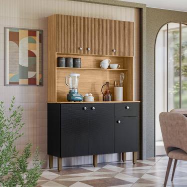 Imagem de Cozinha Compacta Kits Paraná Style 6 Portas 1 Gaveta Ripado Freijó Puxador Inox Pés Reguláveis