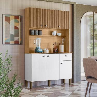 Imagem de Cozinha Compacta Kits Paraná Style 6 Portas 1 Gaveta Ripado Freijó Puxador Inox Pés Reguláveis