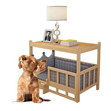 Imagem de TsoLay Cama dupla para cães, cama elevada de madeira maciça, mesa lateral com colchão, escadas e corrimão para cães médios/pequenos e gatos para cães de estimação e gatos